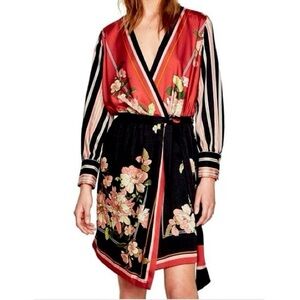 Zara Basic floral and striped Kimono style wrap dress.